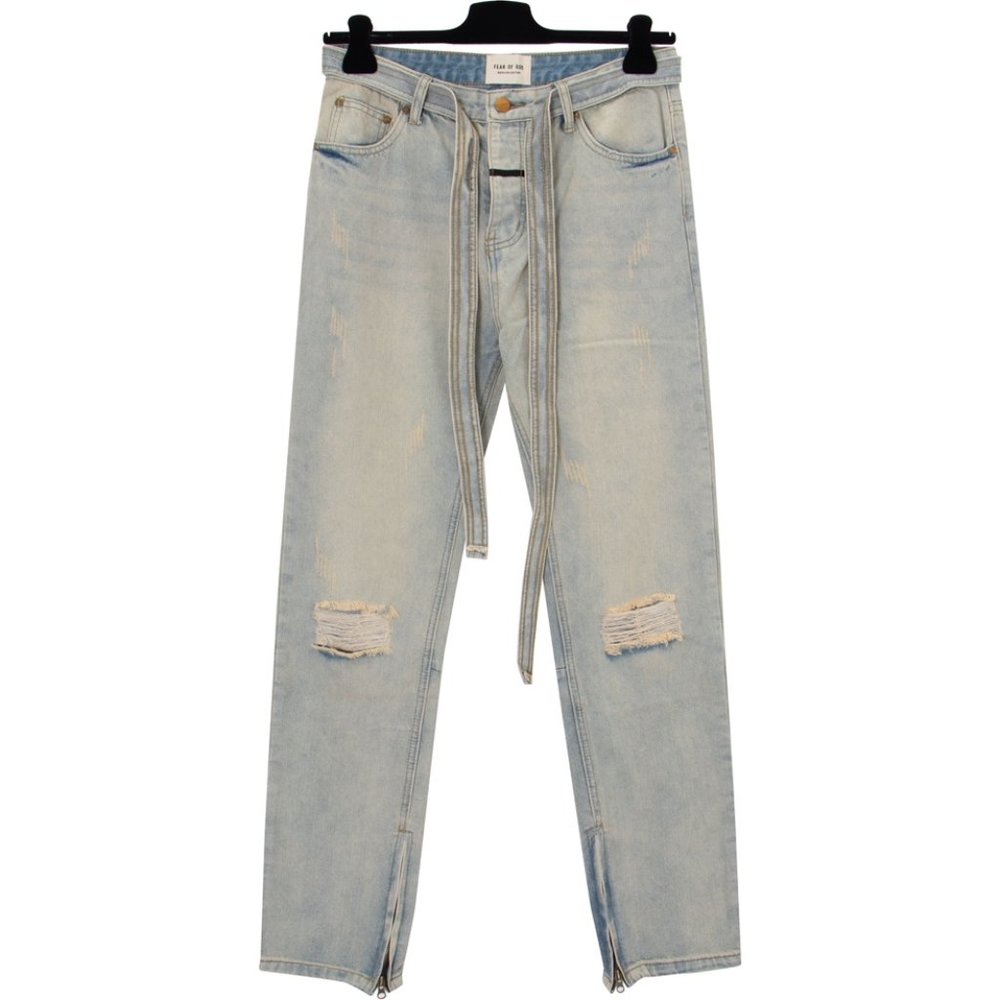 FEAR OF GOD Ribbon drawstring wash ripped zipper jeans